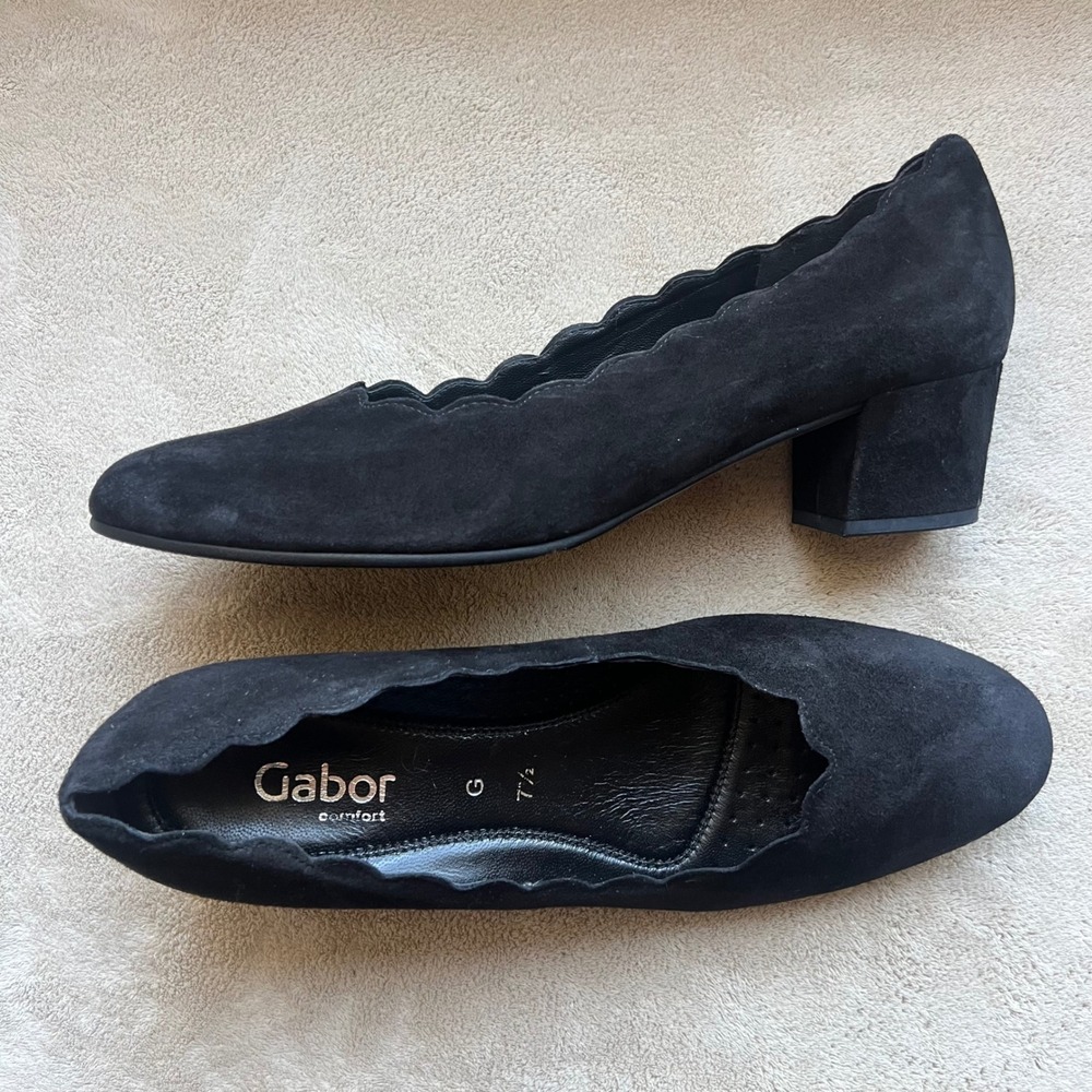 Gabor Women 10 UK 7.5 Black Suede Scalloped Block‎ Heel Pumps Classic Comfort